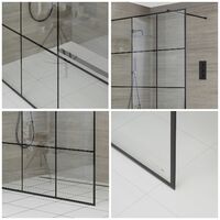 Milano Barq - 1400mm Recessed Walk In Wet Room Shower Enclosure with Grid Pattern Screen and Support Arm - Black
