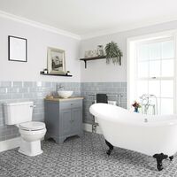 Milano Thornton - Light Grey Traditional Bathroom Suite with Freestanding Double Ended Slipper Bath and Black Ball Claw Feet&#44; 645mm Vanity Unit with Countertop Basin and Close Coupled Toilet WC