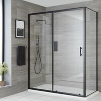 Milano Nero - Reversible Corner Wet Room Walk In Shower Enclosure with Sliding Door and 1200mm x 800mm White Slate Effect Tray with Fast Flow Waste - Black