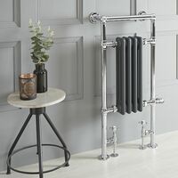 Milano Elizabeth - Traditional Floorstanding Chrome and Anthracite Dual Fuel Electric Heated Towel Rail Radiator with Angled Valves and Cable Cover- 930mm x 450mm