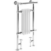 Milano Elizabeth - Traditional Floorstanding Chrome and White Dual Fuel Electric Heated Towel Rail Radiator with Overhanging Rail, Cable Cover and Angled Valves - 930mm x 450mm