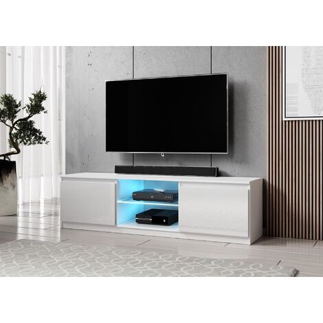 Meuble TV FURNIX Arenal 140 Cm - Blanc Et Noir Brillant - Style Moderne - Neuf