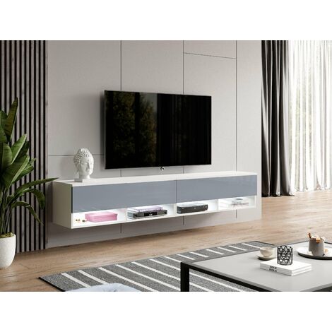 FURNIX Armoire TV ALYX 200 cm (2x100cm) Buffet bas avec éclairage LED blanc/gris brillant (1/4)