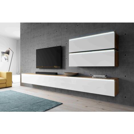 FURNIX Möbelwand BARGO V mit LED: 3x TV-Schrank 2x Regale Weiß wotan glänzend (1/5)