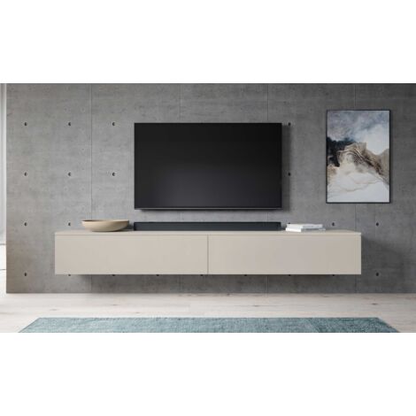 Commode TV beige 200 cm – Meuble bas avec éclairage LED – 4 étagères avec porte push-click – Design moderne et minimaliste – Furnix (1/5)