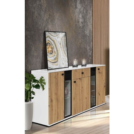 FURNIX buffet SARAI tiroir 3 portes LED buffet portes en verre 140 cm blanc artisanal (1/5)