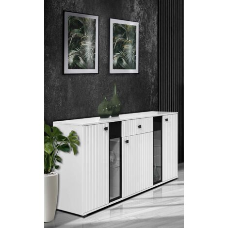 FURNIX buffet SARAI avec tiroir Buffet 3 portes portes vitrées 140 cm blanc blanc (1/5)