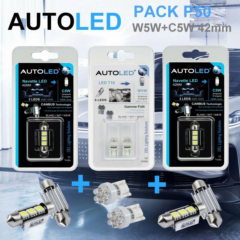 PACK P50 4 Ampoules LED / T10 (w5w) 6 leds + navette C5W 42MM 3 leds AUTOLED ®