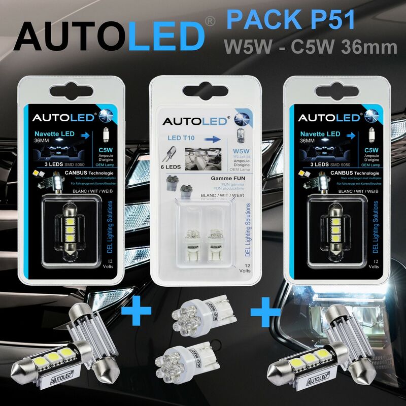 PACK P51 4 Ampoules LED / T10 (w5w) 6 leds + navette C5W 36MM 3 leds AUTOLED ®