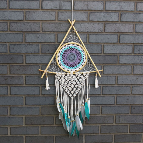 Protection Dream Cather - Lrg Pyramide Macramé Blanc/Turquoise- Vendu par 1 (1/3)