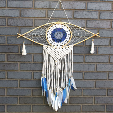 Protection Dream Cather - Lrg Macrame Eye Blanc/ Bleu/Gris- Vendu par 1 (1/3)
