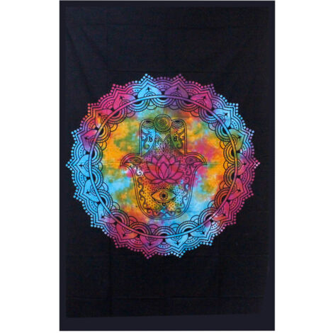 Couvre-Lit Simple en Coton + Tenture Murale - Hamsa Noir 130cm x 200cm- Vendu par 1 (1/4)
