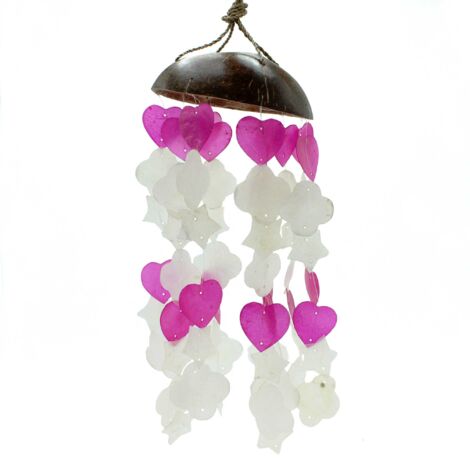 Carillons éoliens en noix de coco et Capiz - Formes mixtes roses et blanches - 35 cm- Vendu par 1 (1/3)