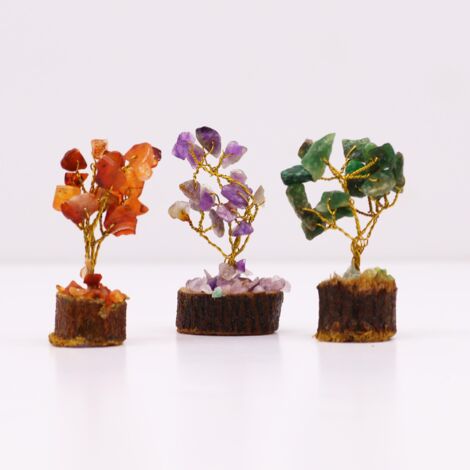 Boîte de 12 mini arbres de pierres précieuses sur socle en bois - Mélange assorti (15 pierres)- Vendu par 1 (1/4)