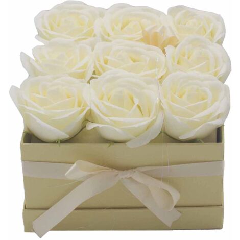 Bouquet cadeau de fleurs de savon - 9 roses crème - Carré- Vendu par 1 (1/4)