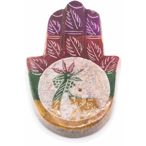 Porte-encens Hamsa en pierre stéatite 9x6cm - Éléphant et palmier- Vendu par 1 (1/4)