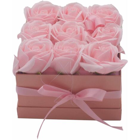 Bouquet cadeau de fleurs de savon - 9 roses roses - Carré- Vendu par 1 (1/4)