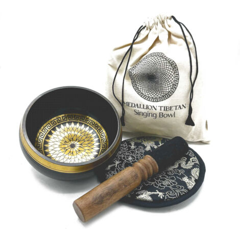 Coffret cadeau bol chantant battu et gravé à la main - 14 cm - Médaillons ronds- Vendu par 1 (1/2)