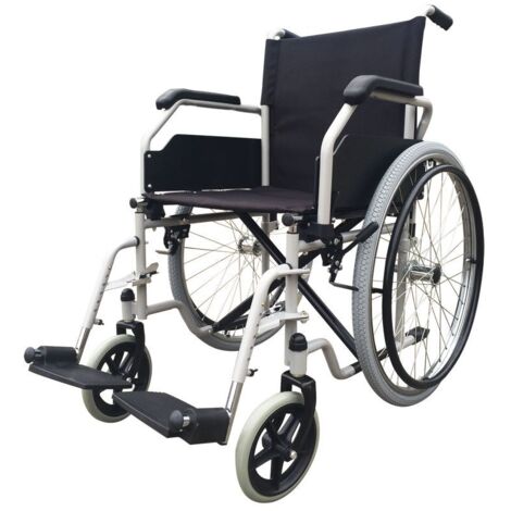 Fauteuil roulant – Structure en acier pliant – Accoudoirs relevables – Repose-pieds amovibles – Dimensions 63x103x91cm – Poids max 110kg – Robusta