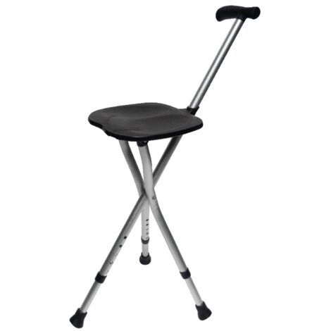 Canne siège pliante réglable 47,5 à 56 cm – Structure aluminium – Siège plastique noir – Poids max 136 kg