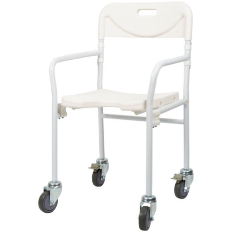Chaise de douche sur roulettes – Assise anatomique avec découpe – Dossier avec poignée – Pliable et freins arrière – Dimensions 53x54x93cm – Self Confort