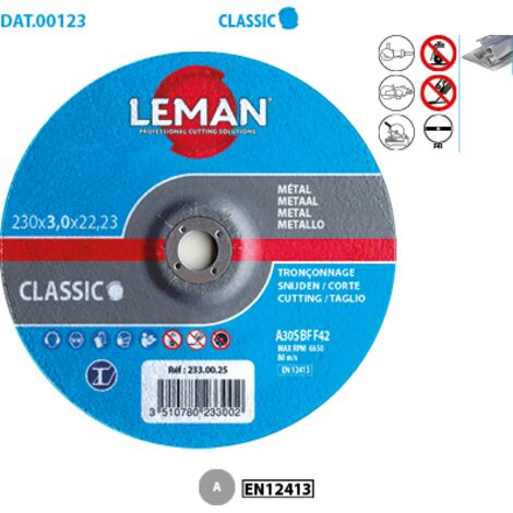 Leman - 25 disques à tronçonner métal à moyeu déporté - D. 230 x Al. 22,23 x Ep. 3 mm - 233.00.25