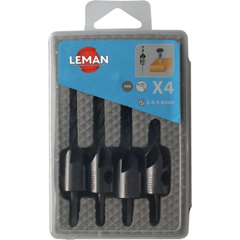 Leman – Coffret de forets pour perceuse – 4 forets hélicoïdaux HSS pour bois dur – Emmanchement cylindrique – Pointe de centrage incluse