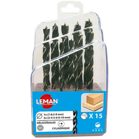 Leman – Coffret de 15 forets hélicoïdaux pour bois – Diamètres 3 à 10 mm – Acier – Pointe de centrage – Pour perçage précis