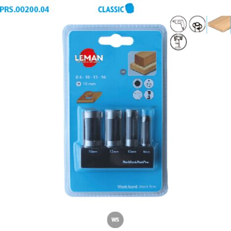 Leman – Coffret de 4 mèches à bouchonner pour bois dur – Diamètres 6, 10, 13, 16 mm – Queue cylindrique 10 mm – Acier