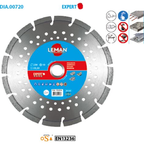 Leman - Disque diamant segments multimatériaux Diam 230 x H 10 mm x Flasque Alu M14