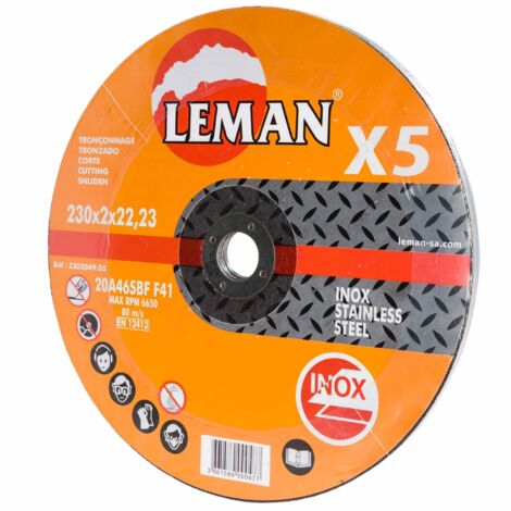Leman – Disques fer fins à tronçonner Ø 230 mm – Lot de 5 pièces – Épaisseur 2 mm – Alésage 22,23 mm pour découpe précise inox et tôle