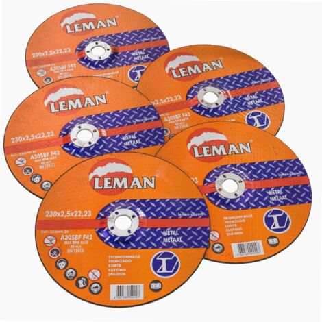 Leman – Disque à tronçonner 230 mm – Alésage 22,23 mm – Épaisseur 2,5 mm – Pour découpe de métal – Lot de 5 pièces