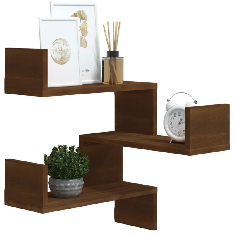 JJL Lot De 2 Étagères Murales Angle Bois 26,5cm - Rangement Et Déco Marron Rouille