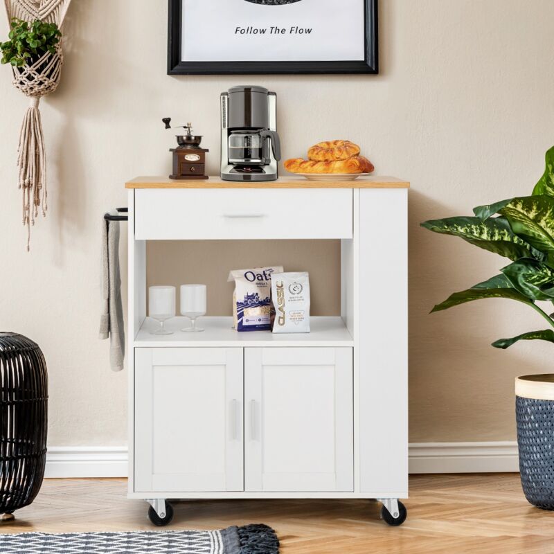 Chariot Cuisine Avec Roulettes CEEDIR 115x36x90 Cm - Îlot Mobile Blanc Et Bois Avec Tiroir