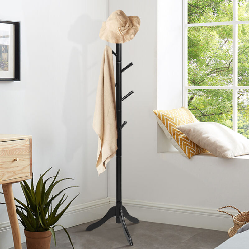 Porte-Manteau Bois & Métal 8 Crochets - 3 Hauteurs Réglables 180 Cm, Style Minimaliste Noir