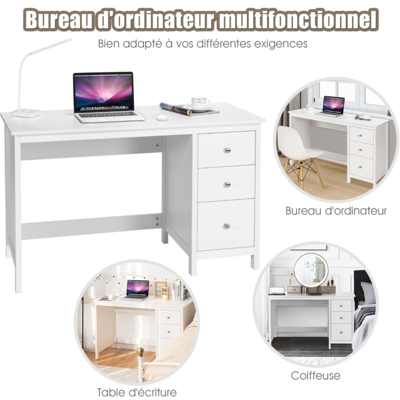 Bureau Ordinateur 100 Cm Avec Tiroirs – Table Étude/Écriture Compacte Moderne, Blanc, Pour Chambre Ou Home Office