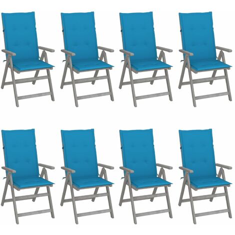 8 pcs Chaises inclinables avec coussins, Chaises à dîner, Fauteuils de jardin Gris Acacia BGT90669 (1/5)
