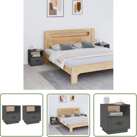 The Living Store Tables de chevet 2 pcs Gris 40x34x45 cm Bois de pin massif - Table De Chevet - Meuble De Chambre - Table Nuit - Bois Massif - Pin (1/5)