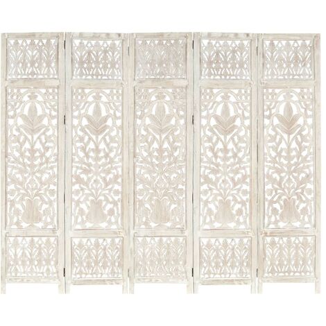 Paravent de Chambre Closion de séparation 5 panneaux Blanc 200x165 cm Bois manguier -BC81662 (1/5)