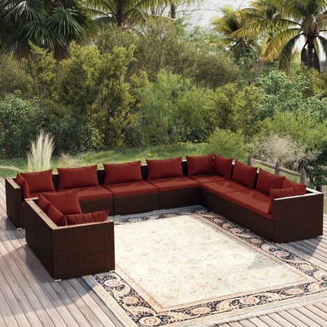 Salon de jardin 10 pcs,Mobilier de terrasse,Table et Chaise pour Relax avec coussins Marron Résine tressée -YZ515923 (1/5)
