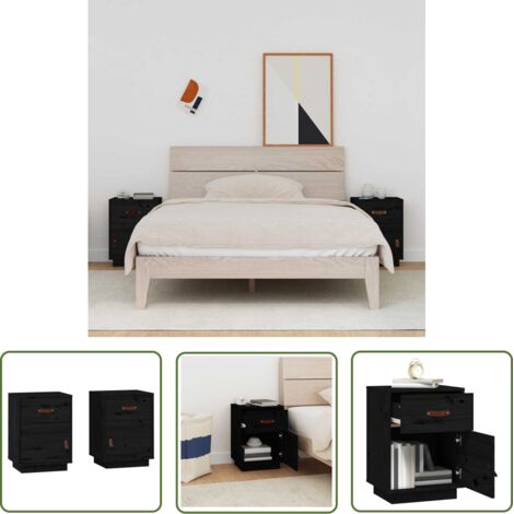 The Living Store Tables de chevet 2 pcs Noir 40x34x55 cm Bois de pin massif - Table De Chevet - Meuble De Chambre - Mobilier Intérieur - Bois Massif - Pin (1/5)