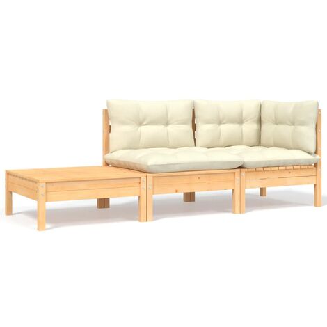 Salon de jardin 3 pcs,Mobilier de terrasse,Table et Chaise pour Relax avec coussins crème Bois de pin massif -YZ967055 (1/5)