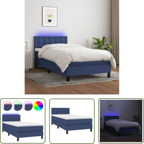 The Living Store Sommier à lattes de lit avec matelas LED Bleu 90x200 cm Tissu - Sommier Tapissier - Lit Plateforme - Lit Avec Led - Matelas À Ressorts Ensachés - Têted Lit Ajustable (1/5)