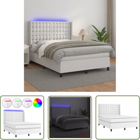 The Living Store Sommier à lattes de lit matelas LED Blanc 140x200 cm Similicuir - Lit Plateforme - Lit Design - Lit Moderne - Lit Avec Rangement - Tête De Lit Ajustable (1/5)