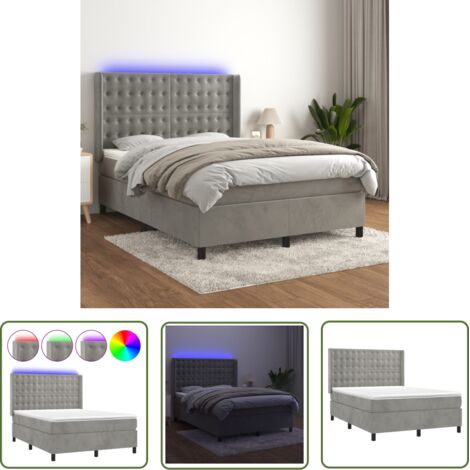 The Living Store Sommier à lattes de lit matelas et LED Gris clair 140x190 cm - Lit Plateforme - Lit Capitonné - Lit Design - Lit Velours - Lit Avec Éclairage Led (1/5)