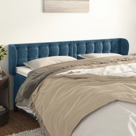 Tête de lit avec oreilles pour lit double, Tableau décoratif de chevet élégante Bleu foncé 203x23x78/88 cm Velours SDG61185 (1/5)