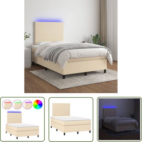 The Living Store Sommier à lattes de lit et matelas et LED Crème 120x200cm Tissu - Sommier Tapissier - Lit Plateforme - Lit Avec Led - Matelas À Ressorts Ensachés - Têtière Ajustable (1/5)