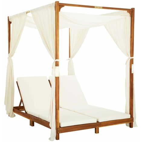 Chaise longue double Bain de soleil Transat de relaxation avec rideaux et coussins Bois d'acacia BSRHS272517 (1/5)