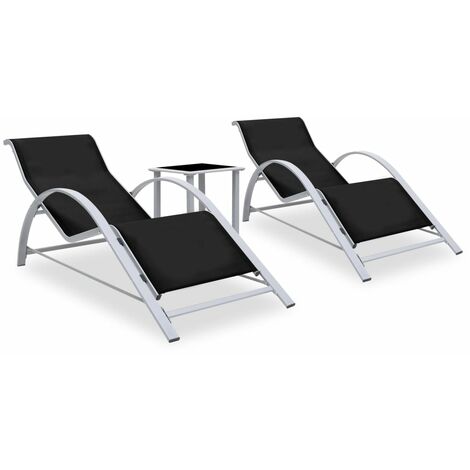2 pcs Chaises longues avec table, Transats, Bain de soleil, Chaises de jardin Aluminium Noir ZSE3613 (1/5)