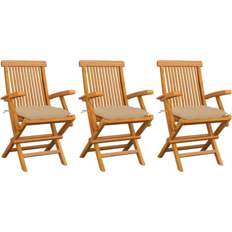 Lot de 3 Chaises/Fauteuils de jardin avec coussins beige Bois de teck massif -TF36579 (1/5)